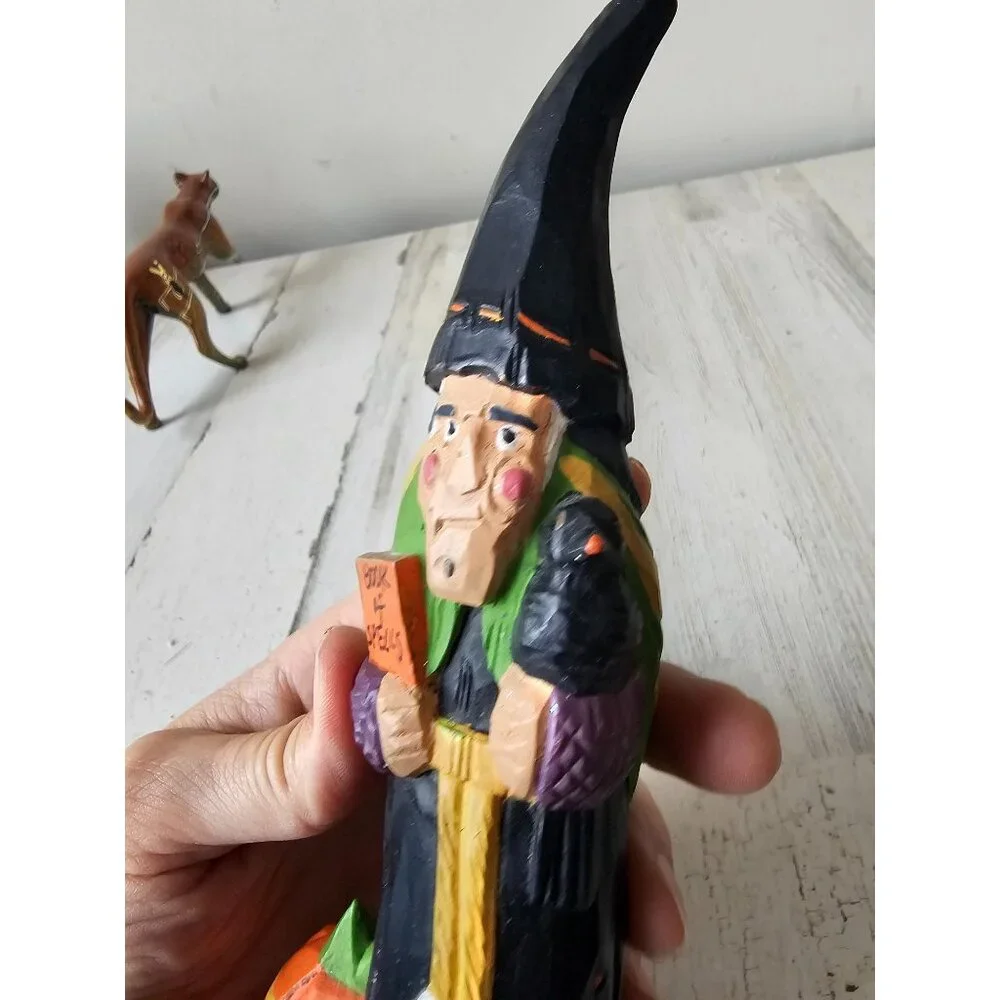Vintage pencil witch country folk art Crow pumpkin village Halloween decor figur
